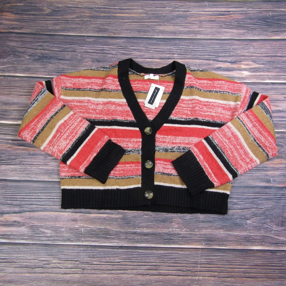 BP NEW Womens Medium Red Pink Striped V Neck Button Up Sweater